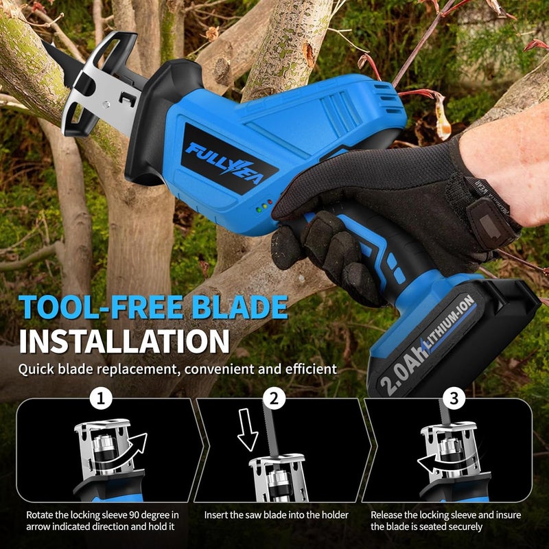 FULLYEA Reciprocating Saw Cordless, 0-3500SPM Variable Speed Reciprocating Saws with 2 Batteries, 4 Saw Blades, Tool-Free Blade Change, Electric Reciprocating Saws for Woods/Metal/Plastic Cutting,Blue - Image 4